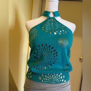 Y2k teal gold metallic  knit halter